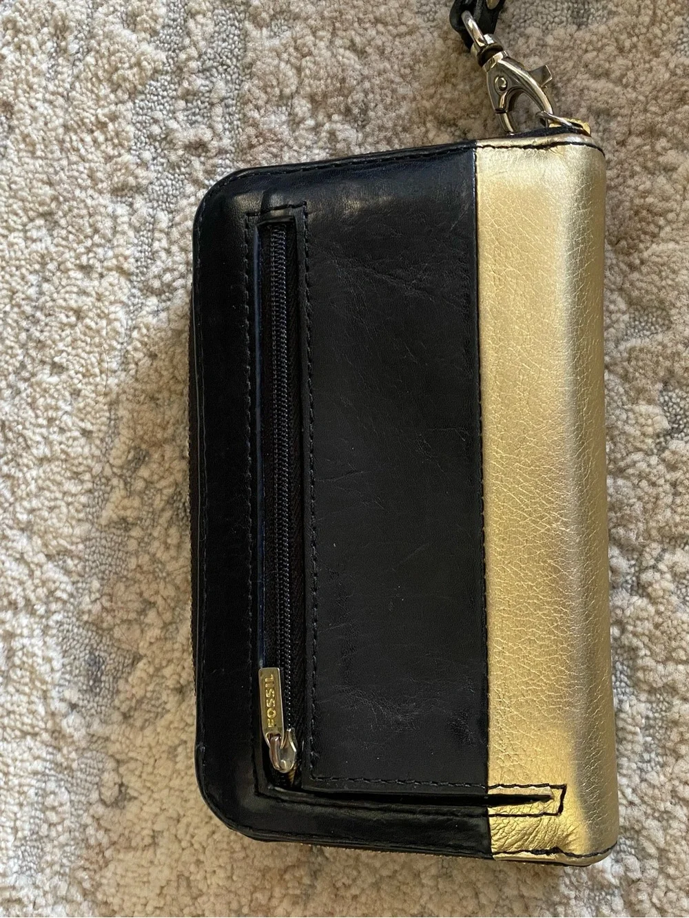 Fossil Black and Gold Color Block Leather Wristlet Wallet Zip Around Coin Purse